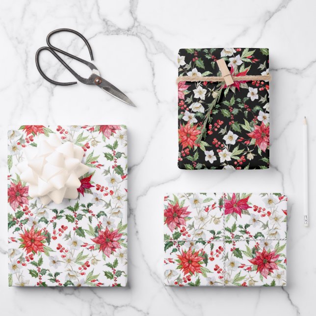 Red Poinsettia and Paperwhite Christmas Pattern Wrapping Paper Sheet (Front)