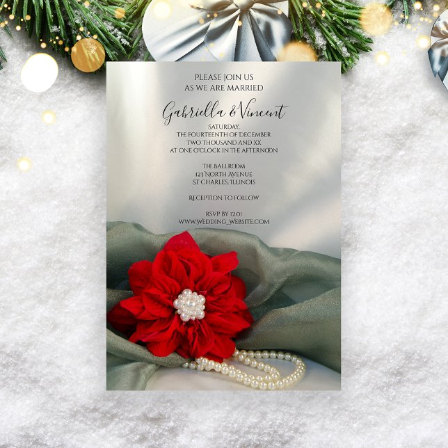 Red Poinsettia and Pearls on Green Winter Wedding Invitation (Creator Uploaded)