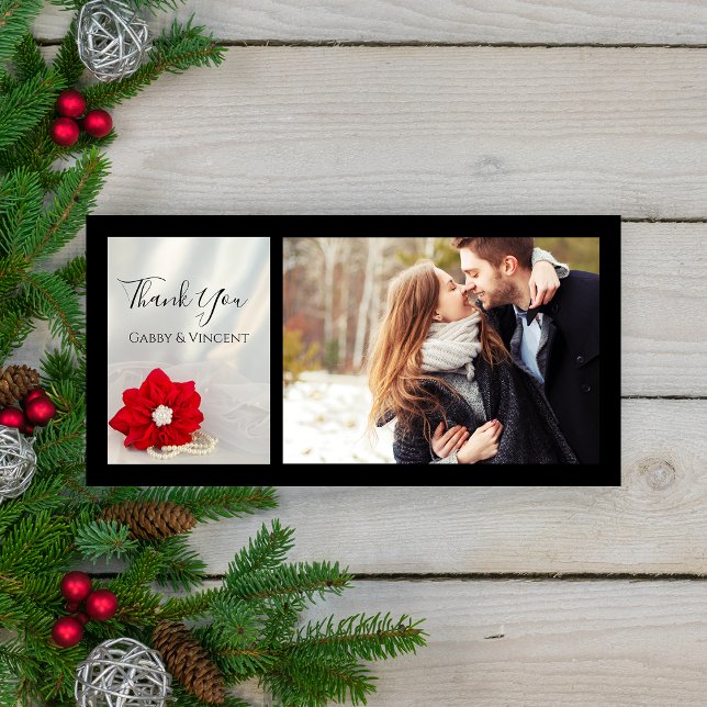 Red Poinsettia and Pearls Winter Wedding Thank You (Show appreciation after your December event with the festive Poinsettia and Pearls Wedding Thank You)