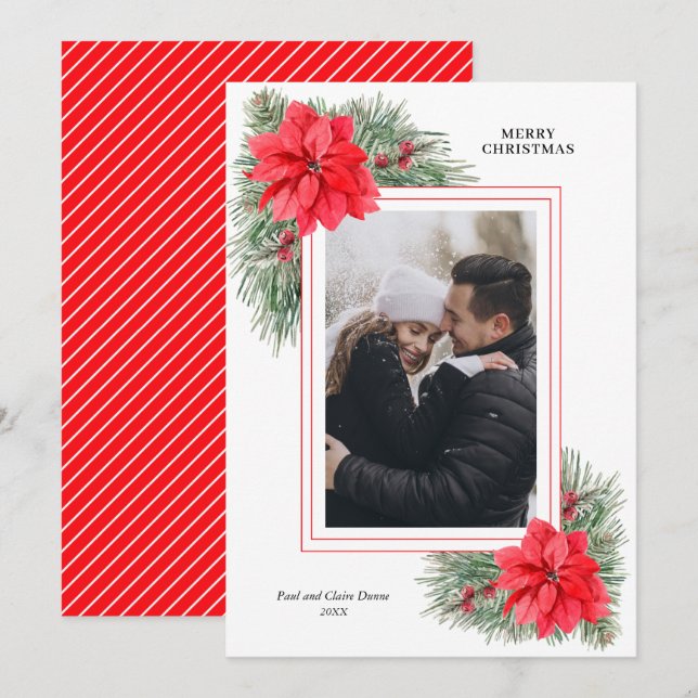 Red Poinsettia and Pines Christmas Photo Holiday Card (Front/Back)