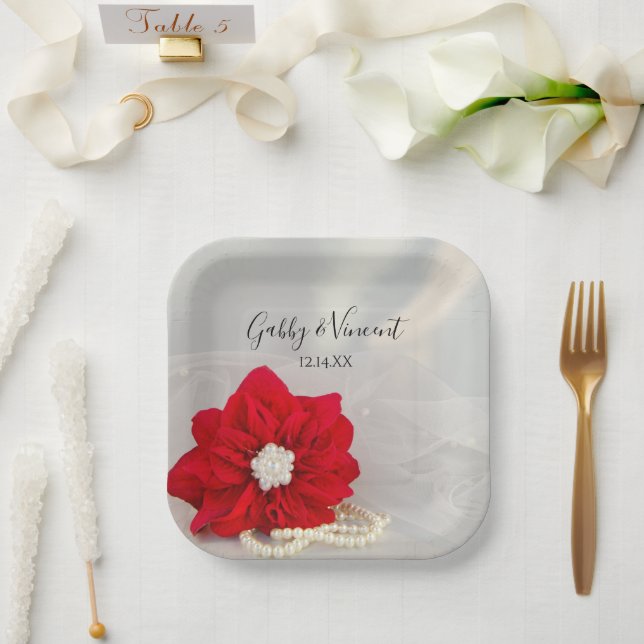 Red Poinsettia and White Pearls Wedding Paper Plate (Wedding)