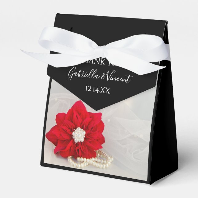 Red Poinsettia and White Pearls Winter Wedding Favour Box (Front Side)