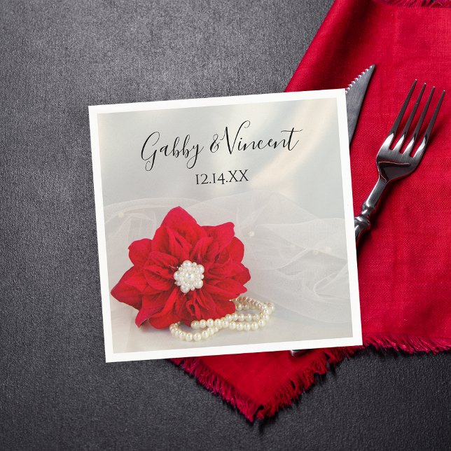 Red Poinsettia and White Pearls Winter Wedding Napkin (Set a festive table with the Red Poinsettia and Pearls Winter Wedding Paper Napkins.)