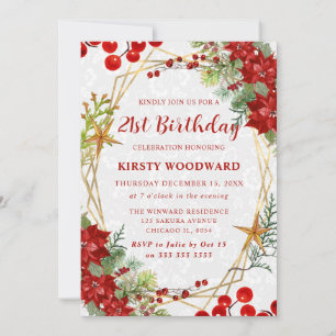 Red Poinsettia & Berry Winter Floral 21st Birthday Invitation