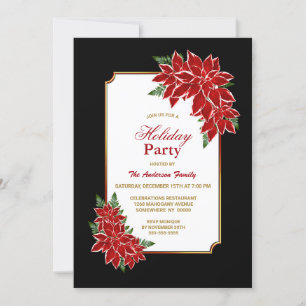 Red Poinsettia Black Border Holiday Party Invitation