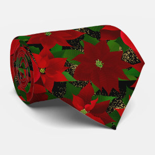 Red Poinsettia Black Christmas Tie