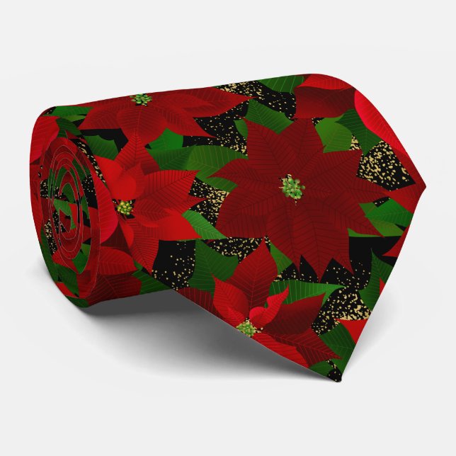 Red Poinsettia Black Christmas Tie (Rolled)