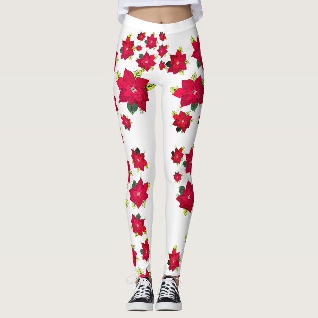 Red Poinsettia Blossoms Leggings (Front)