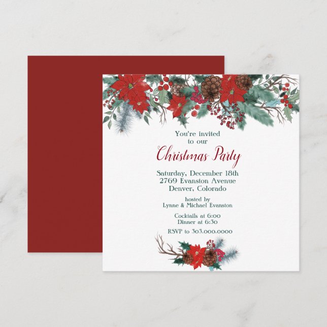 Red Poinsettia Border Bouquet Christmas Party Invitation (Front/Back)