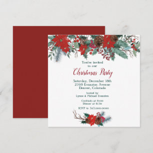 Red Poinsettia Border Bouquet Christmas Party Invitation