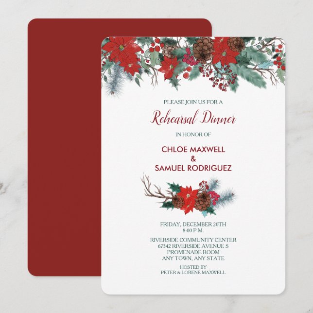 Red Poinsettia Border Bouquet Rehearsal Dinner Invitation (Front/Back)