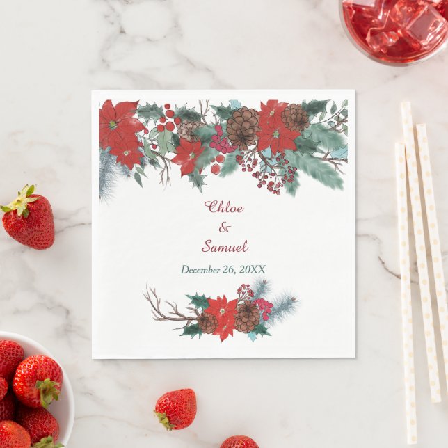 Red Poinsettia Border Floral Wedding Napkin (Insitu)