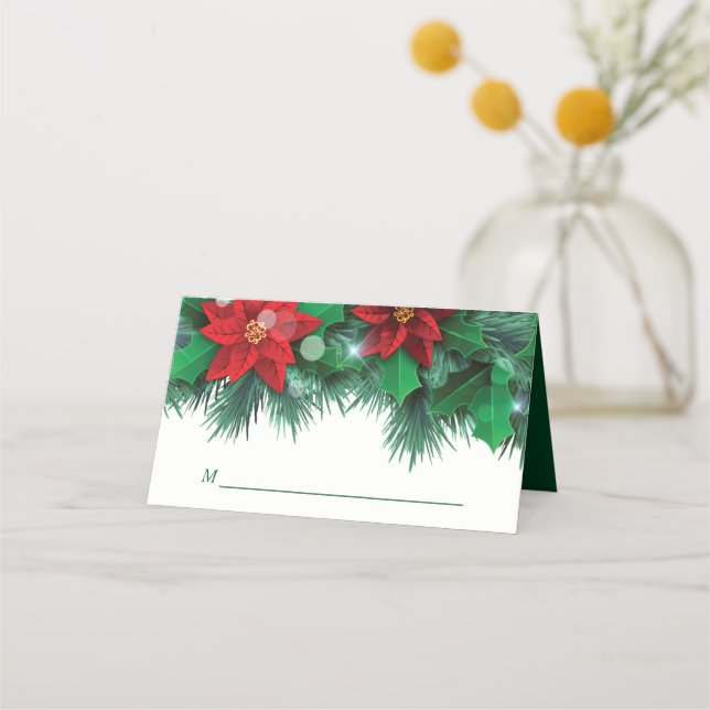 Red Poinsettia Border Holiday Wedding Place Card (Front)