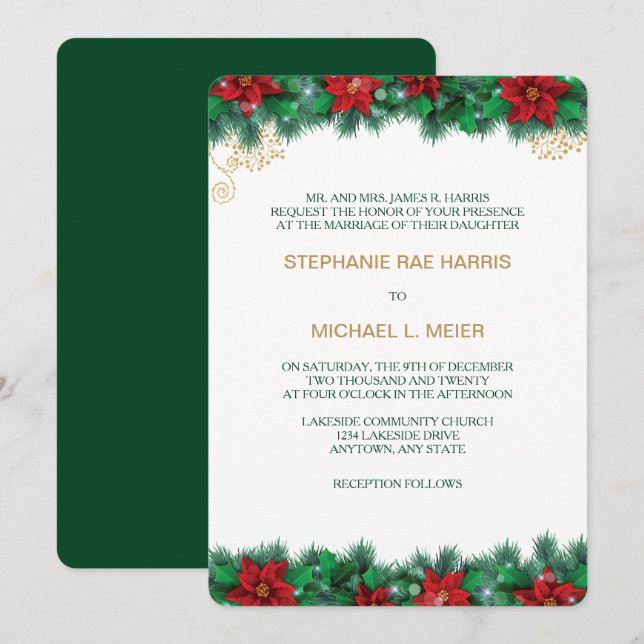 Red Poinsettia Border Wedding Invitation (Front/Back)