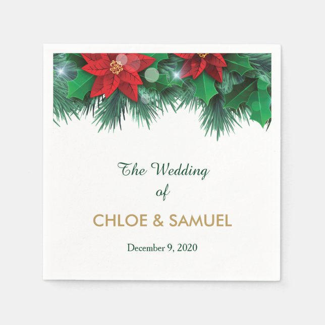 Red Poinsettia Border Wedding Napkin (Front)