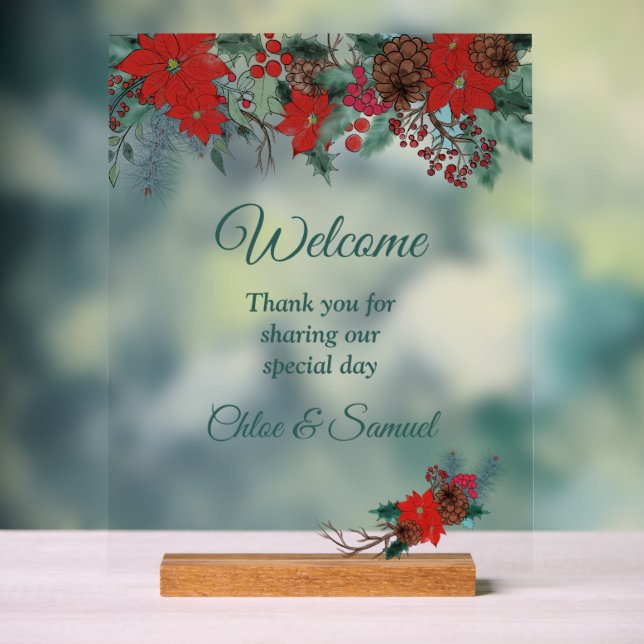 Red Poinsettia Border Wedding Welcome#2 Acrylic Sign (Neutral)