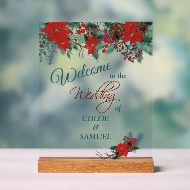 Red Poinsettia Border Wedding Welcome Acrylic Sign (Neutral)