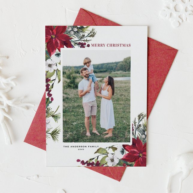 Red Poinsettia Botanical Merry Christmas Photo Holiday Card (Customizable photo Christmas card featuring watercolor burgundy red poinsettia and white flowers)