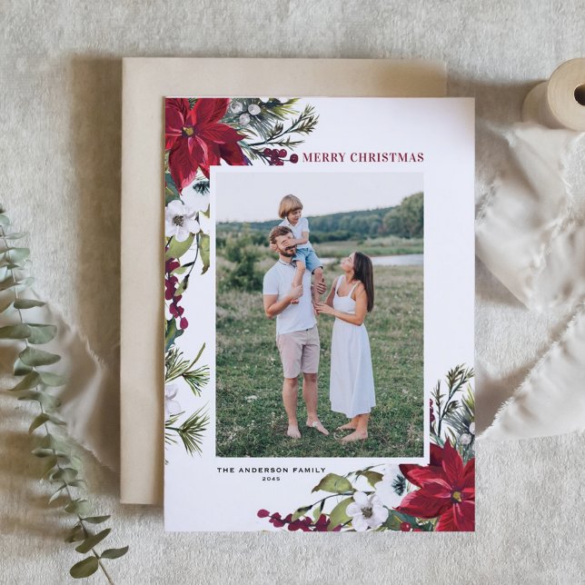 Red Poinsettia Botanical Photo Merry Christmas Holiday Card (Customizable photo Christmas card featuring watercolor burgundy red poinsettia and white flowers)