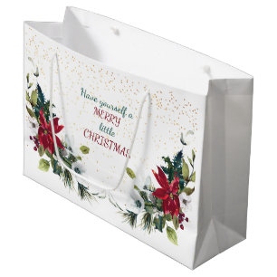 Red Poinsettia Bouquet Gold Glitter Christmas Large Gift Bag