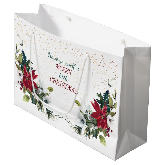 Red Poinsettia Bouquet Gold Glitter Christmas Large Gift Bag (Front Angled)