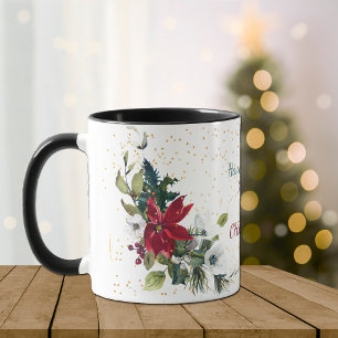 Red Poinsettia Bouquet Gold Glitter Christmas Mug