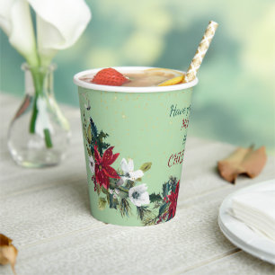 Red Poinsettia Bouquet Gold Glitter Christmas  Paper Cups
