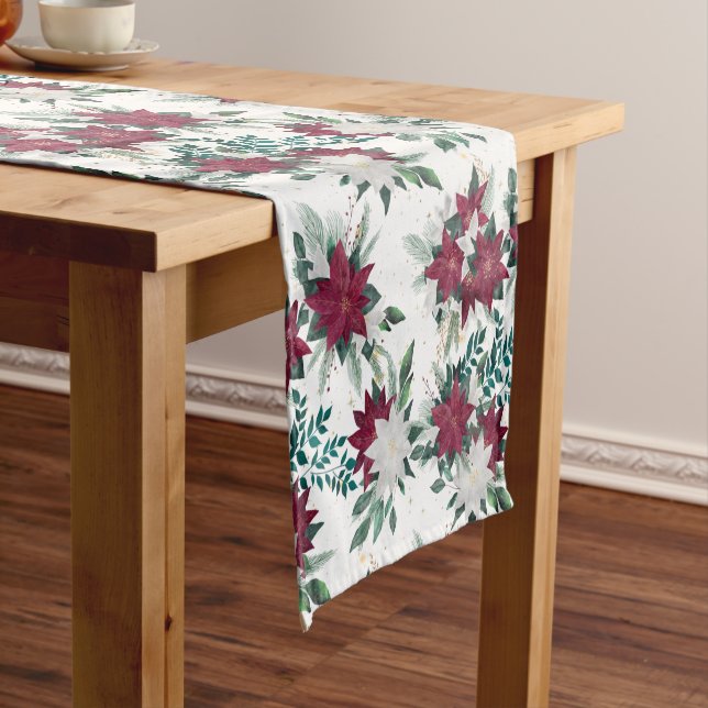 Red Poinsettia Bouquet Pattern Holiday Short Table Runner (In Situ)