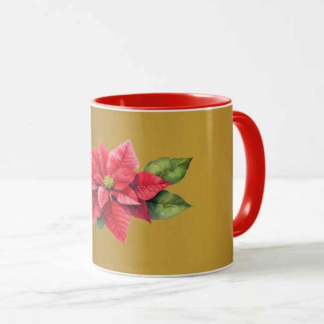 Red Poinsettia Brushed gold colour Mug (Front Right)