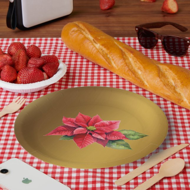 Red Poinsettia Brushed gold colour Paper Plate (Picnic)