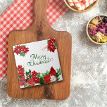 Red Poinsettia Cardinal Christmas Tile<br><div class="desc">This elegant Holiday ceramic tile features a bottom border of red poinsettia, holly, greenery, and gold embellishment. At one end is a red cardinal perched upon a white poinsettia blossom. Each of the top corners has a smaller red poinsettia bouquet, and "Merry Christmas" is in green stylised text at the...</div>