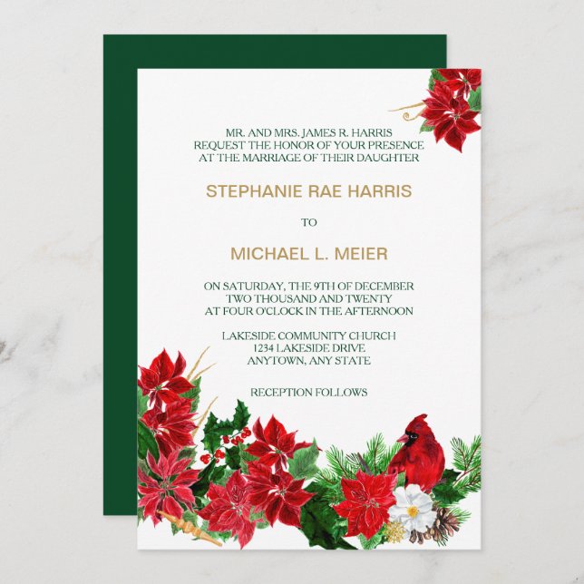 Red Poinsettia Cardinal Christmas Wedding Invite (Front/Back)