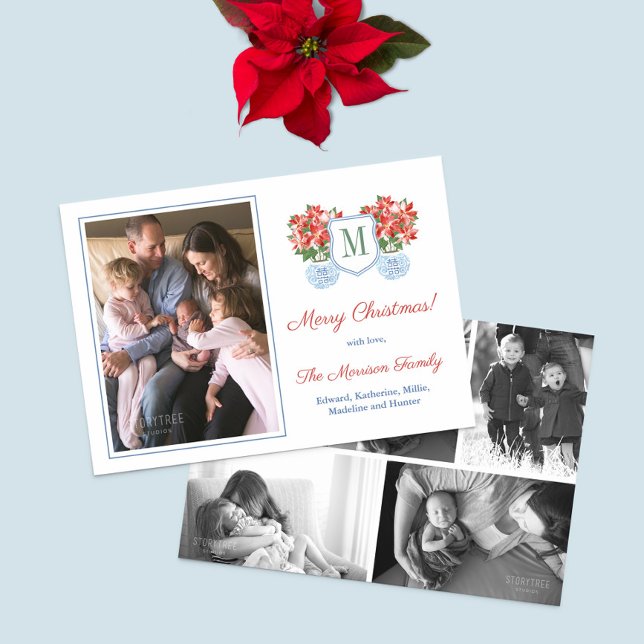 Red Poinsettia Chinoiserie Photo Collage Christmas Holiday Card (Chinoiserie Chic Red Poinsettia Monogram Family Photo Christmas Holidays Card)