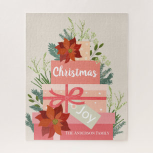Red Poinsettia Christma Joy custom family name Jigsaw Puzzle