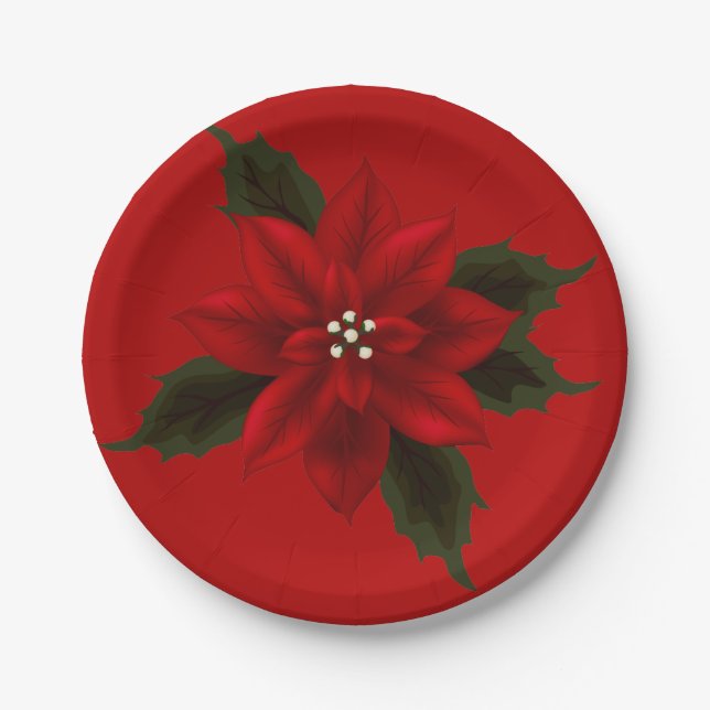 Red Poinsettia Christmas 7" Paper Plate (Front)
