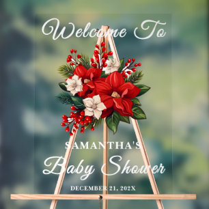 Red Poinsettia Christmas Baby Shower Welcome Acrylic Sign