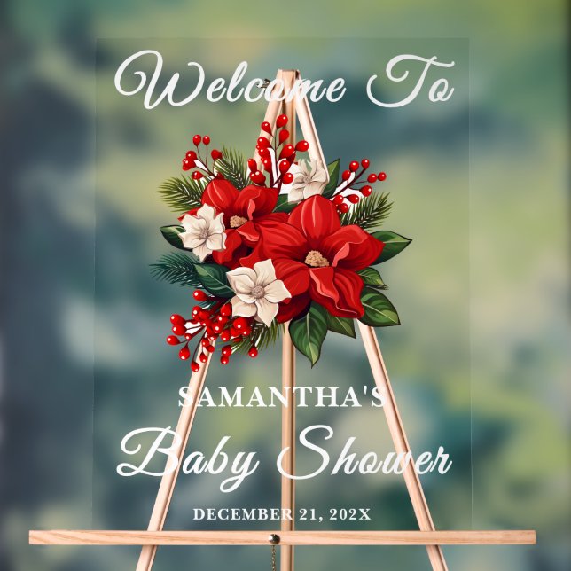 Red Poinsettia Christmas Baby Shower Welcome Acrylic Sign (Neutral)