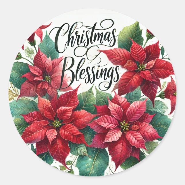Red Poinsettia Christmas Blessings Floral Classic Round Sticker (Front)