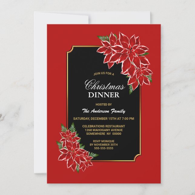 Red Poinsettia Christmas Dinner Party Invitation (Front)