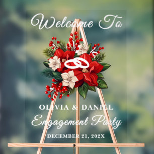 Red Poinsettia Christmas Engagement Party Welcome Acrylic Sign