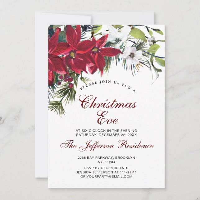 Red Poinsettia Christmas Eve Party Watercolor Invitation (Front)