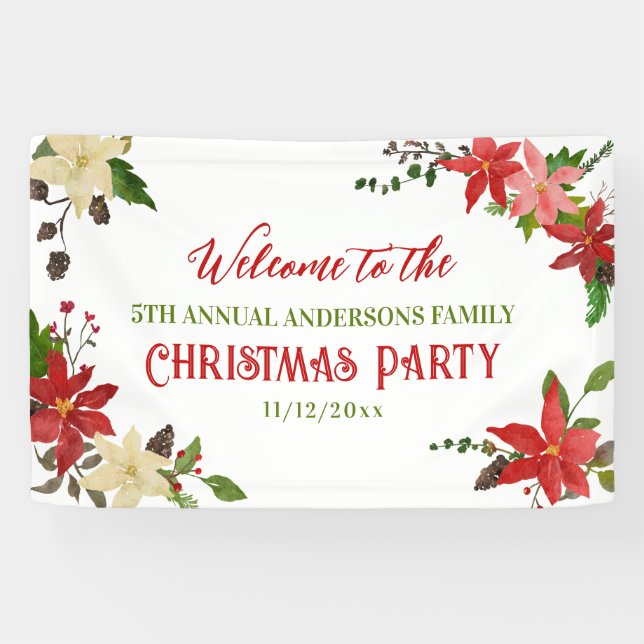 Red Poinsettia Christmas Family Annual Party Banner (Horizontal)