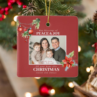 Red Poinsettia Christmas Family Photo Ceramic Ornament