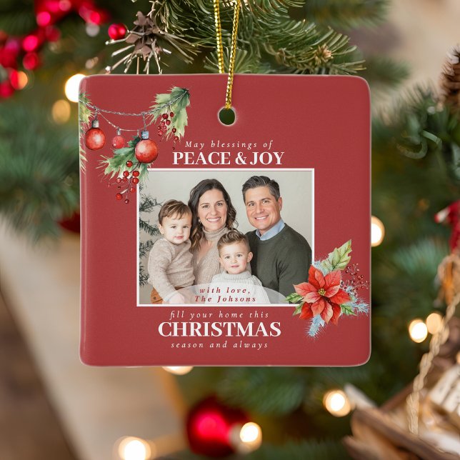 Red Poinsettia Christmas Family Photo Ceramic Ornament (Creator Uploaded)