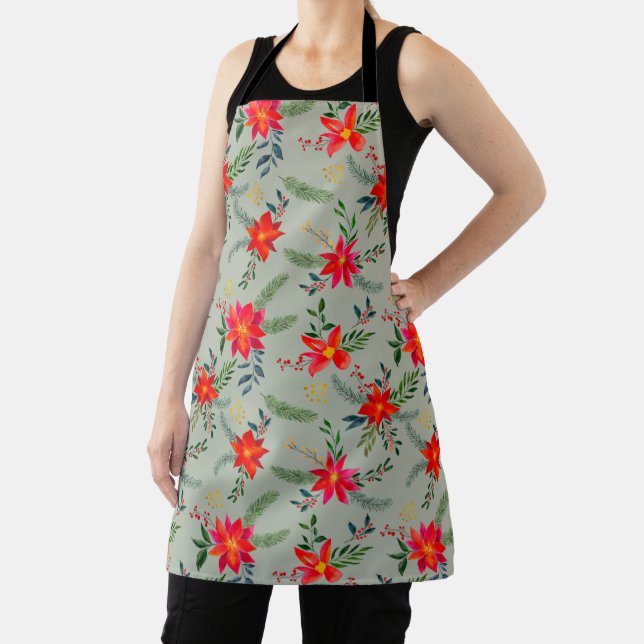  Red Poinsettia Christmas Floral Apron (Insitu)