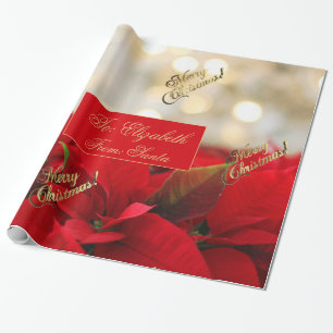 Red Poinsettia Christmas Floral Faux Gold Script Wrapping Paper