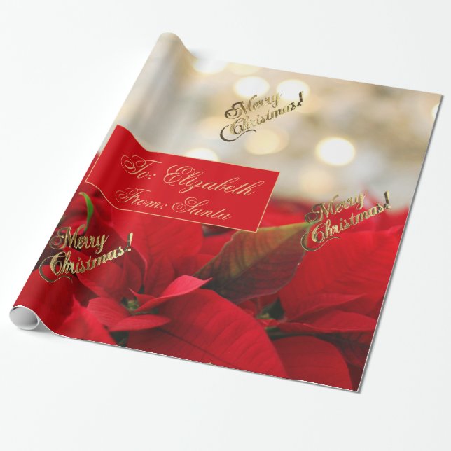 Red Poinsettia Christmas Floral Faux Gold Script Wrapping Paper (Unrolled)