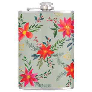 Red Poinsettia Christmas Floral Hip Flask