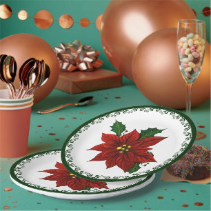 Red Poinsettia Christmas Floral Holiday Paper Plate