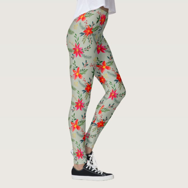  Red Poinsettia Christmas Floral Leggings (Right)